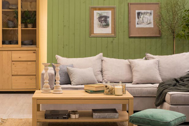 Ένα σαλόνι, με ένα γωνιακό καναπέ, όπου μπροστά βρίκεται ένα ξύλινο τραπέζι με διάφορα διακοσμητικά χώρου και από πίσω βρίσκεται ένα ξύλινο σύνθετο, ίδιας απόχρωσης.